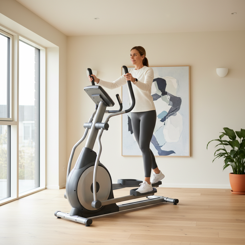 En person træner på en elliptisk maskine (crosstrainer) i et moderne hjemmefitness, med flydende bevægelser, der skåner leddene.