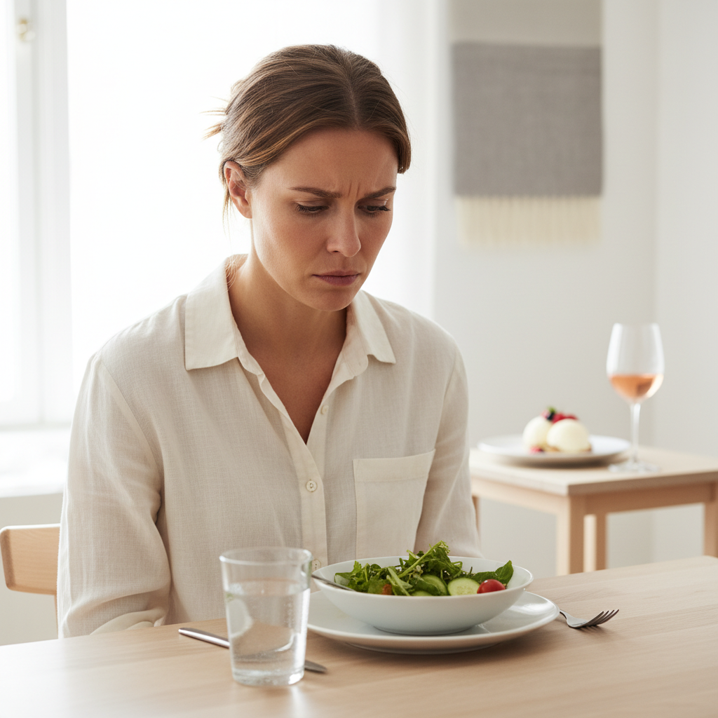 En person sidder stresset ved et bord med en kedelig salat og kigger længselsfuldt efter is og rosévin, der symboliserer afsavn og en problematisk tilgang til