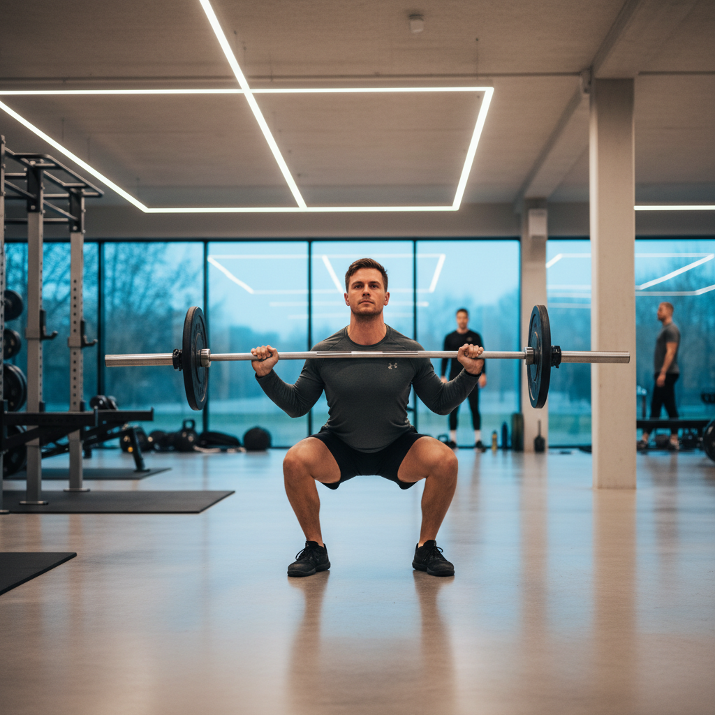 En person udfører et tungt squat i et fitnesscenter på en kølig efterårsmorgen, symboliserende fokus på styrketræning i de kolde måneder.