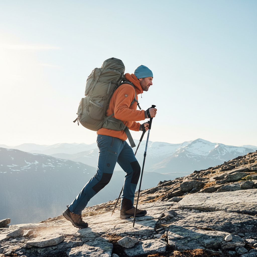 En person med trekkingrygsæk og vandrestave på en stenet bjergsti, der navigerer i udfordrende terræn.
