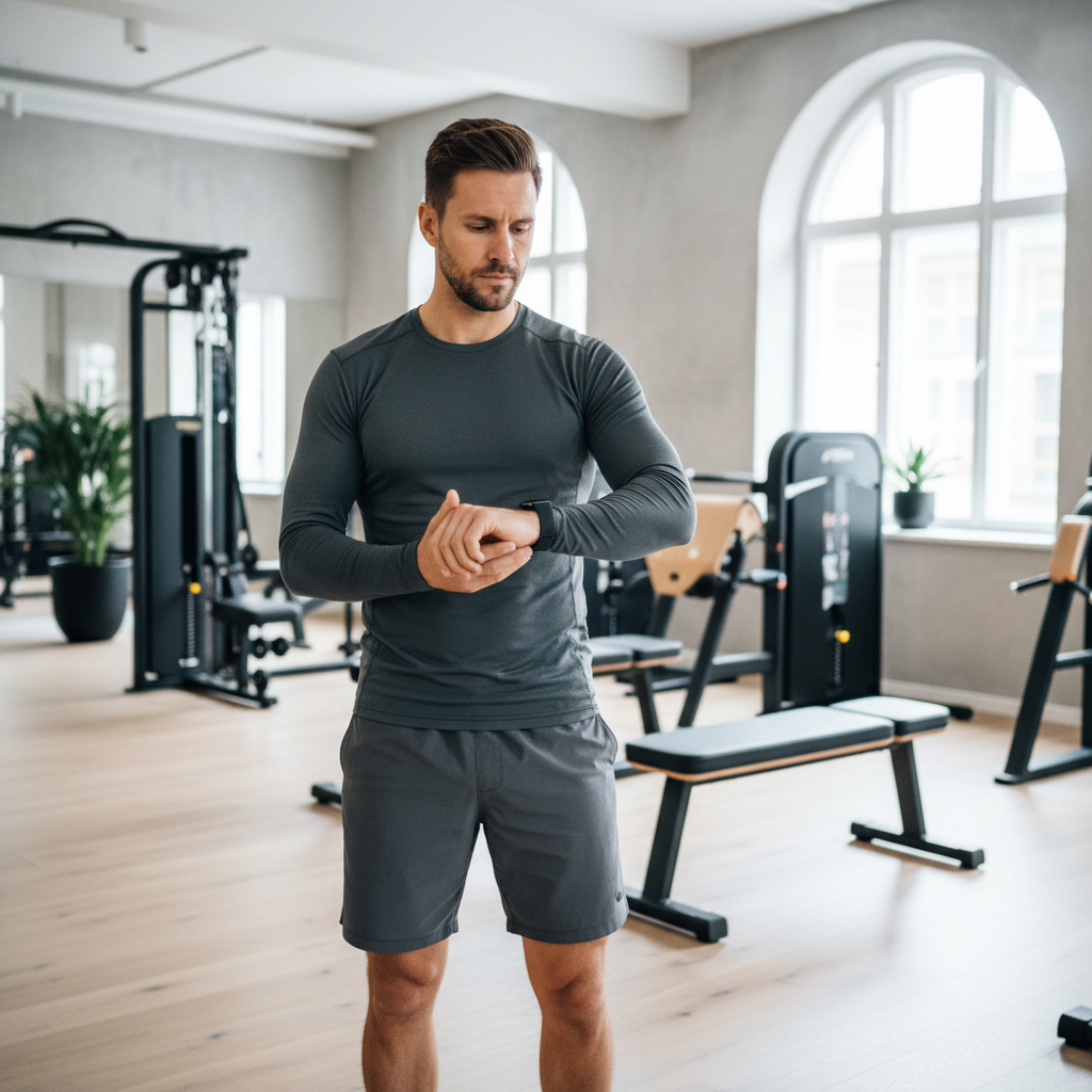 Mand i træningstøj står i fitnesscenter og kigger på ur med et eftertænksomt udtryk, reflekterende over sine træningsmål.