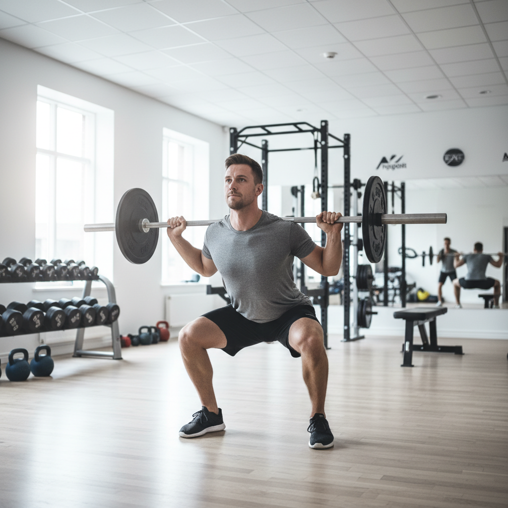 En atlet udfører en barbell squat med god teknik i et fitnesscenter, hvilket illustrerer princippet om progressiv overload.