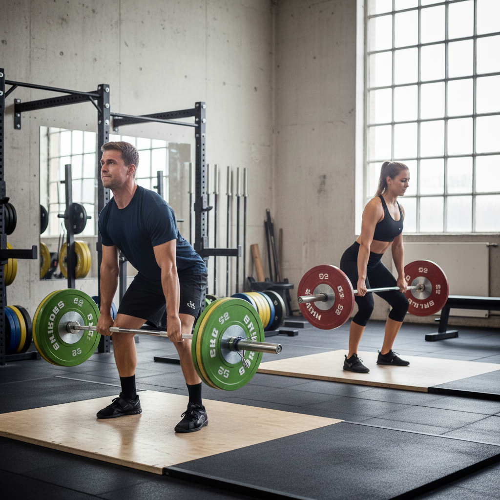To vægtløftere udfører olympiske løft med olympiske vægtstænger og farverige bumper plates i et fitnesscenter.