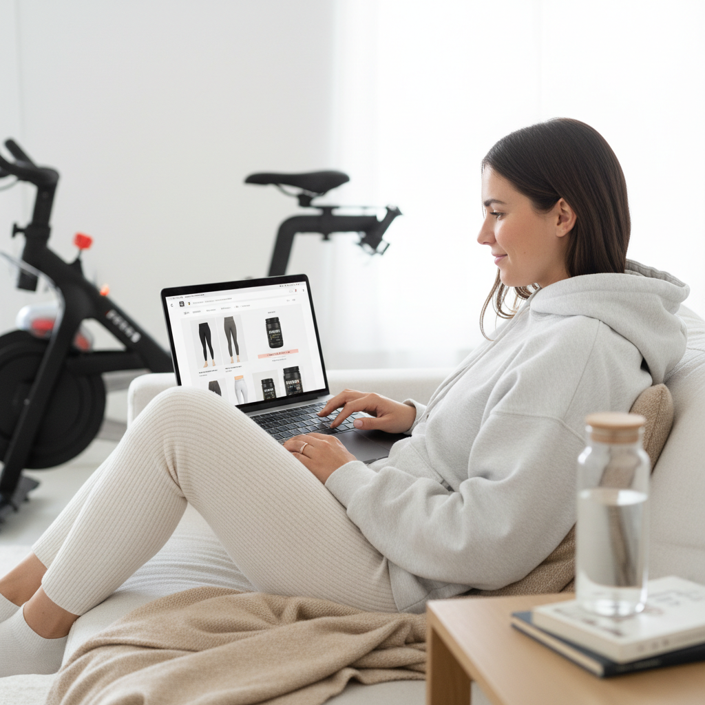 En person shopper online efter træningstøj og kosttilskud fra en tablet i sofaen.
