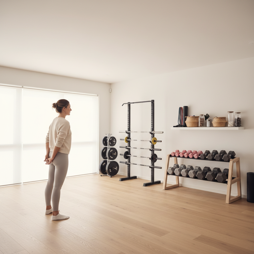 Et velorganiseret homegym med alt udstyr på plads, hvilket skaber et sikkert og indbydende træningsmiljø.