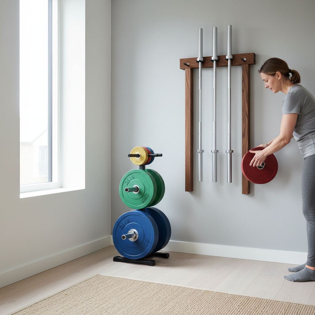 Vægmonterede holdere til vægtstænger og et vægtskivestativ, der viser optimal opbevaring af tungt udstyr i et homegym.