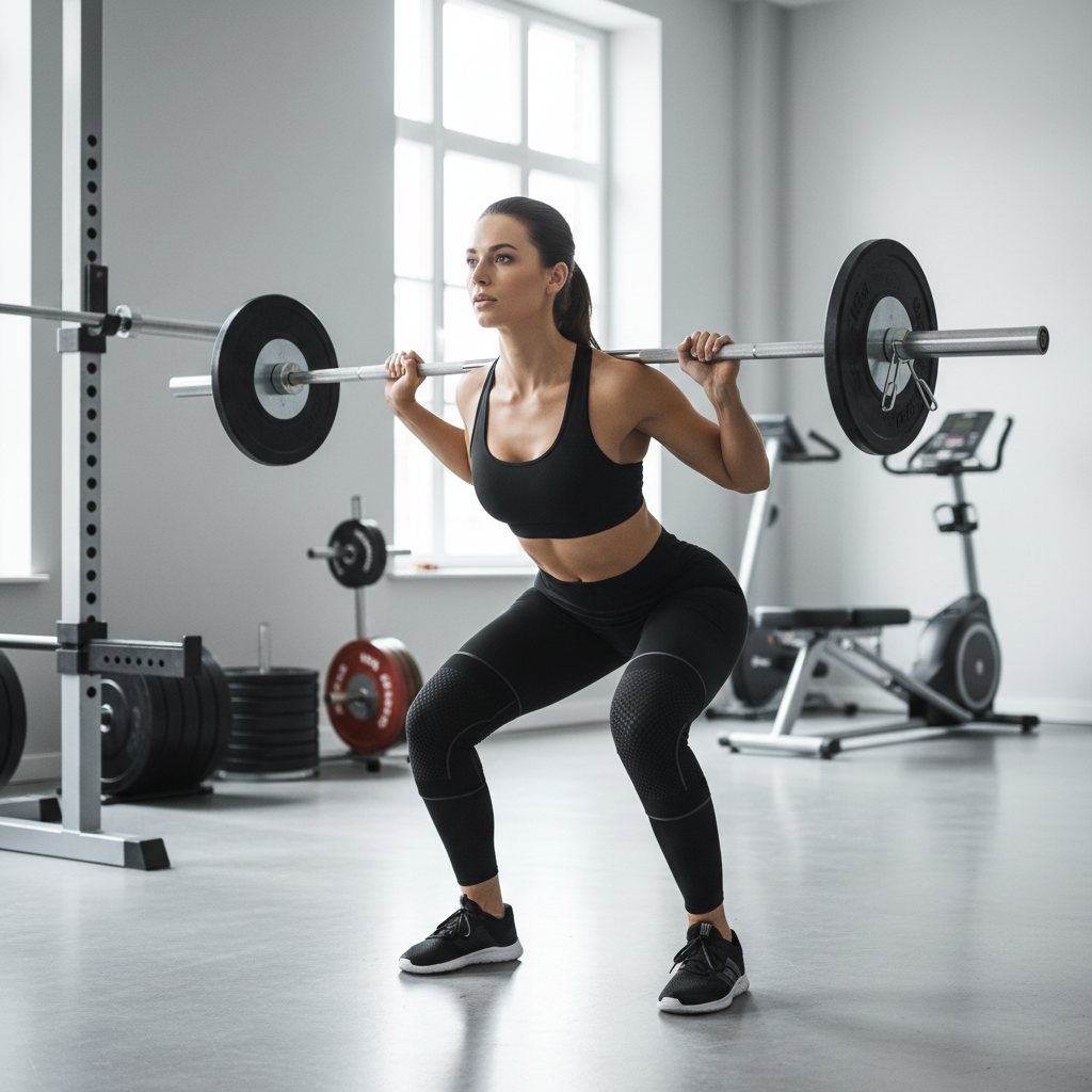 Kvindelig løfter med knæbind under et barbell squat i et fitnesscenter