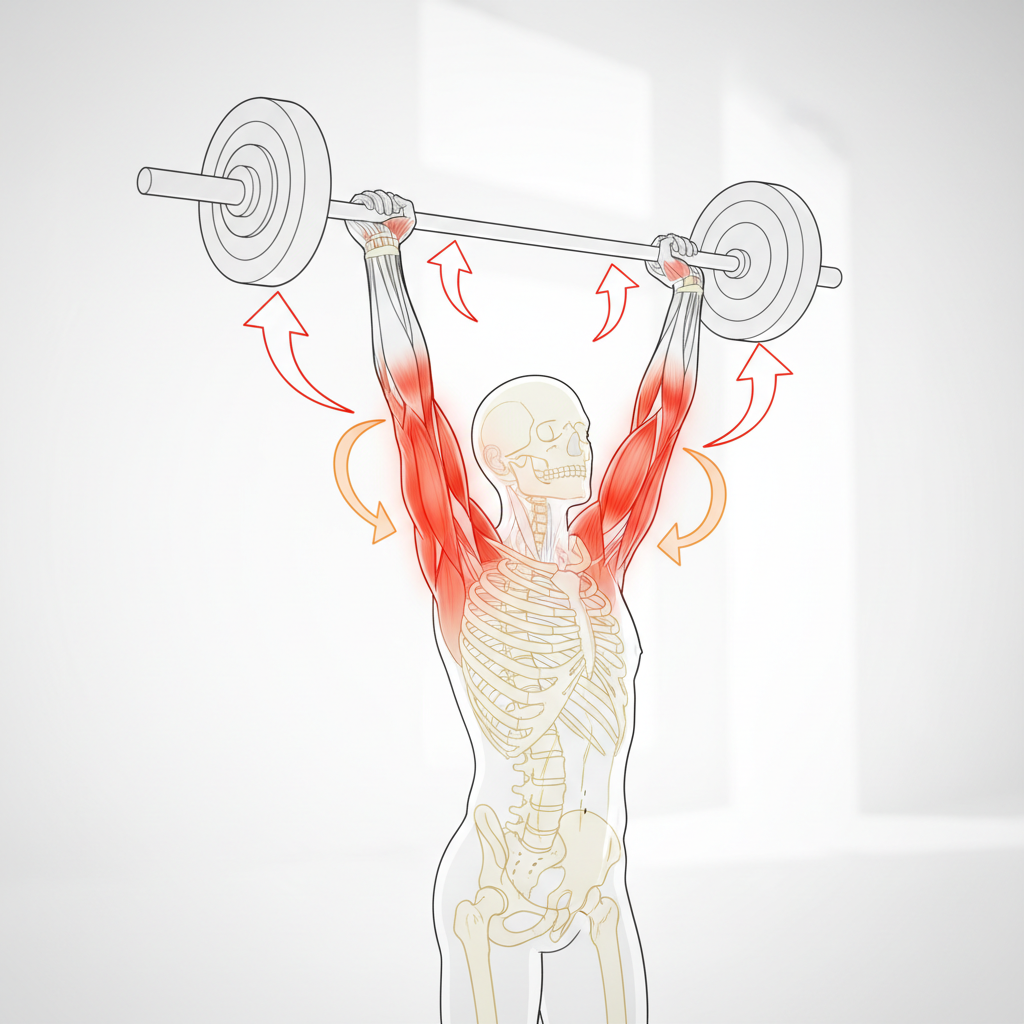 Anatomisk illustration der viser de primære og sekundære muskler involveret i overhead press, inklusive deltoideus og triceps.