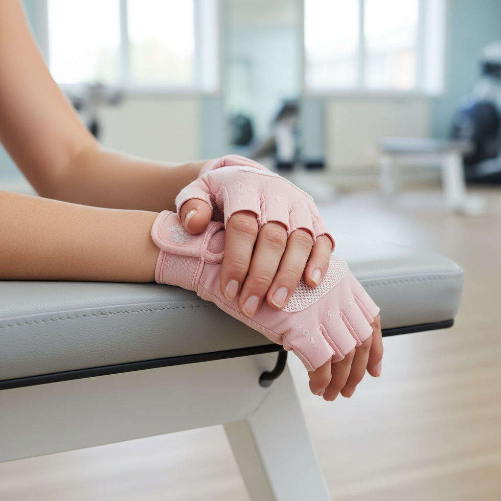 Nærbillede af en kvindes hænder iført stilfulde pink træningshandsker, der hviler på en fitnessbænk.