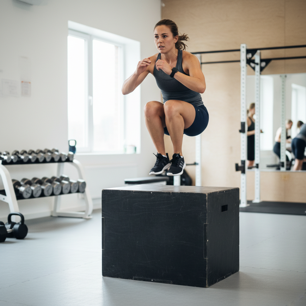En person udfører et box jump, hvor de hopper op på en plyo box med god teknik i et fitnesscenter.