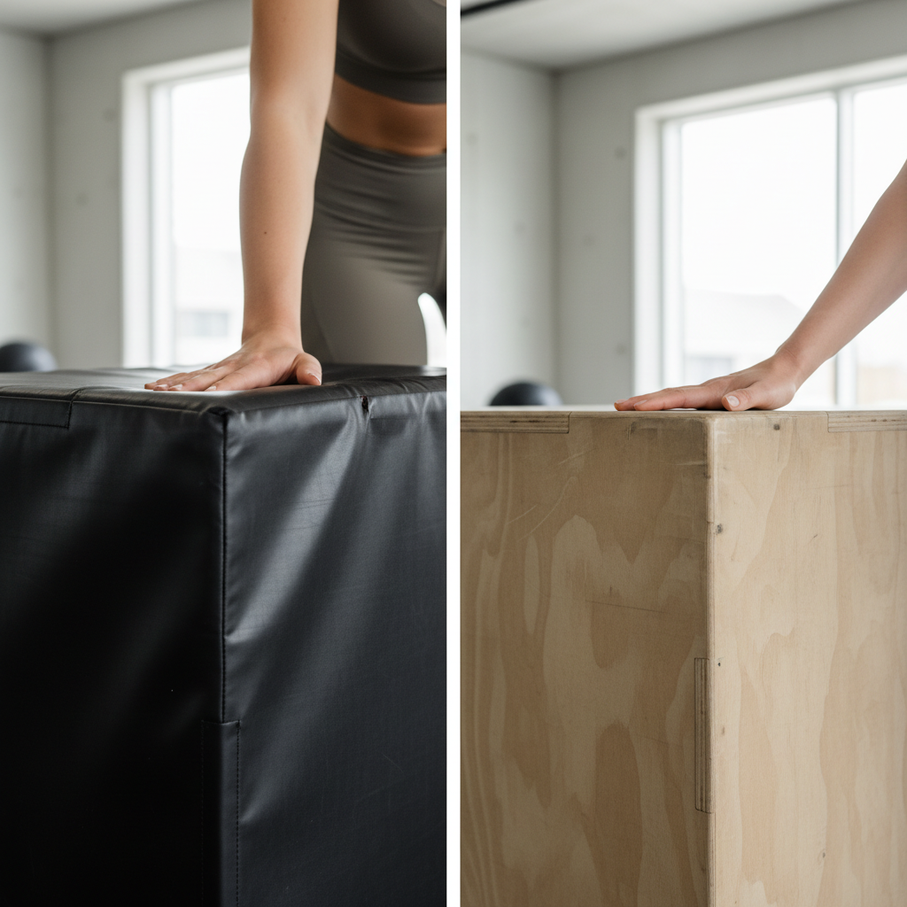 To plyo boxes står side om side; en blød skumboks og en hård træboks, der illustrerer forskellene i materiale.