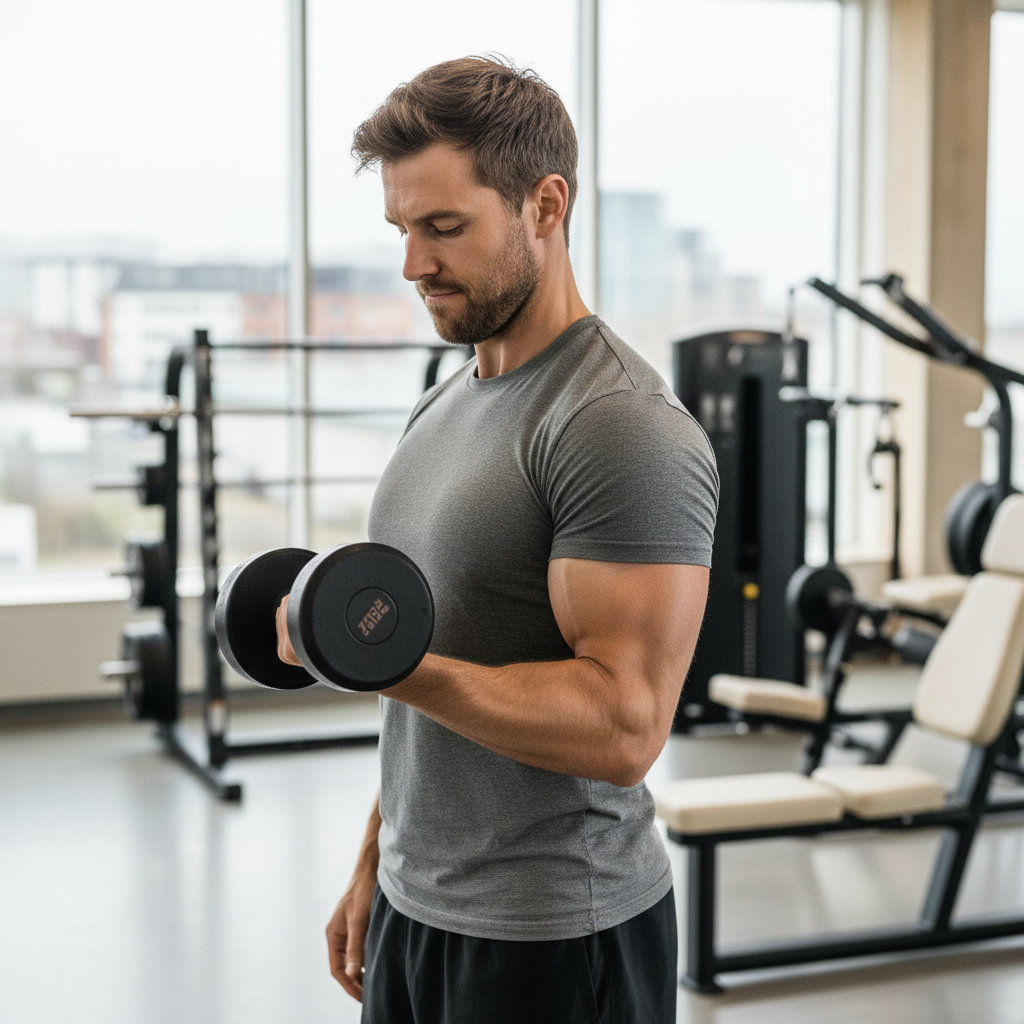 En muskuløs mand udfører en bicep curl med en tung håndvægt og fokuseret ansigtsudtryk.