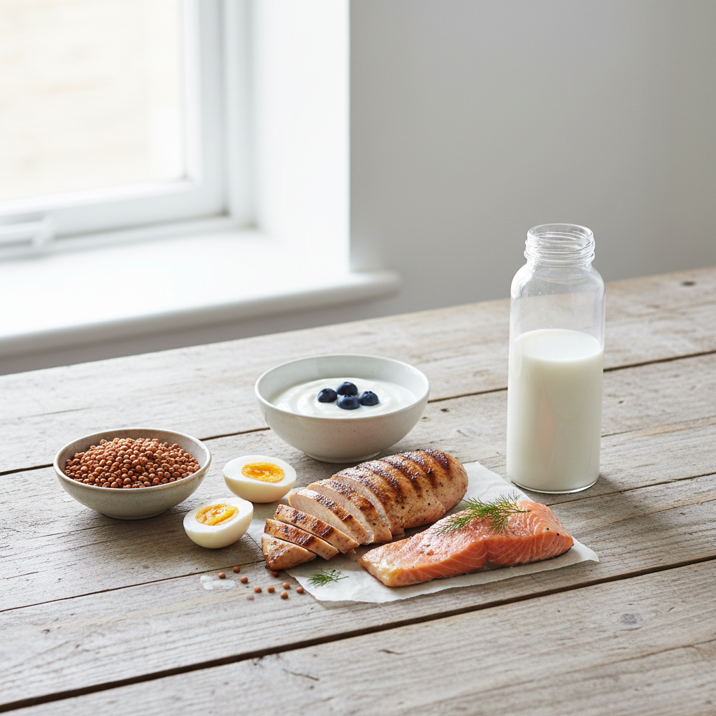 Et flat lay-billede med forskellige proteinkilder som kyllingebryst, æg, græsk yoghurt, laks og en proteinshake.