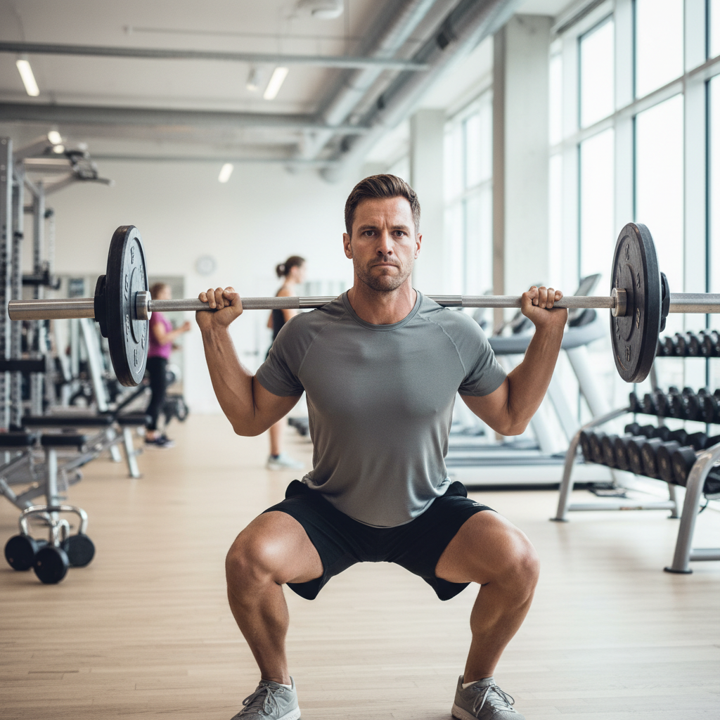 En muskuløs mand udfører en dødløft i et moderne fitnesscenter, fokuseret på sin træning.
