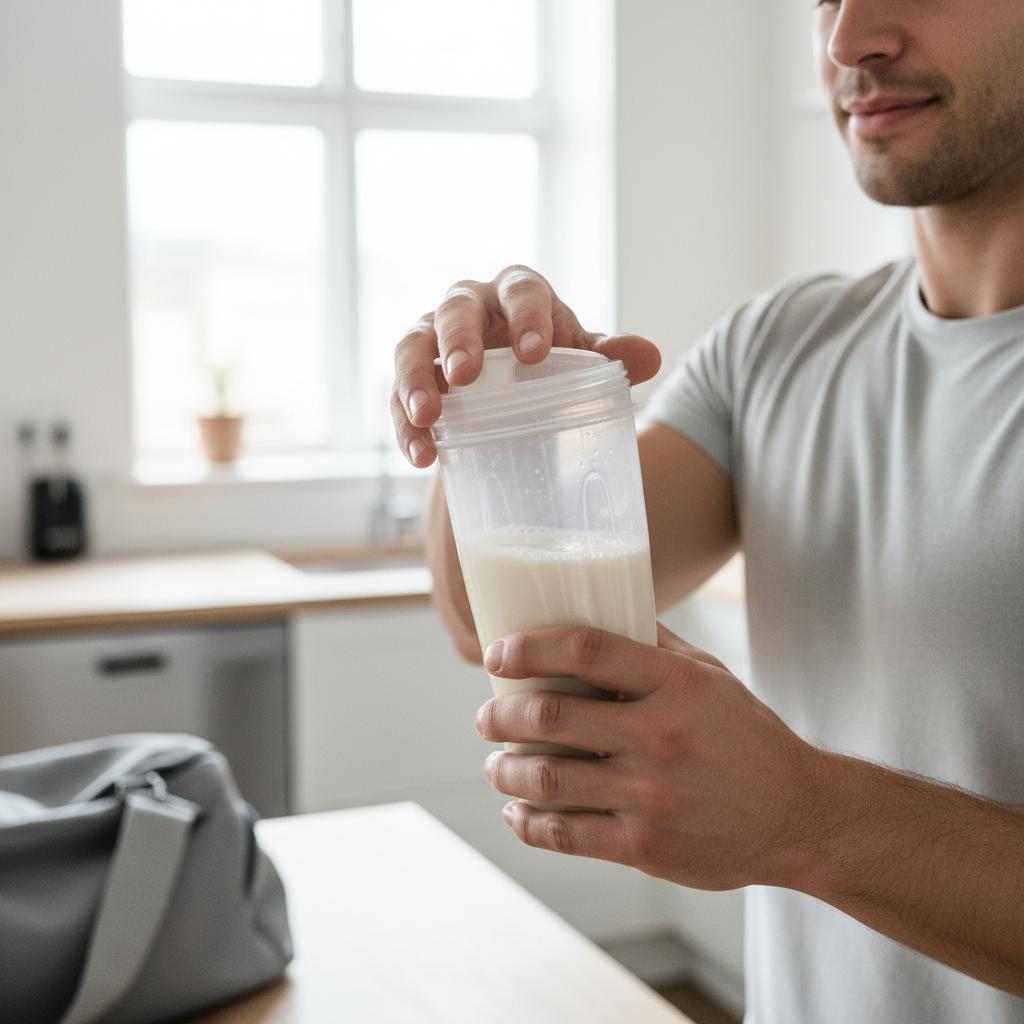 Nærbillede af en person, der ryster en shaker med lys proteinpulver, klar til at drikke efter træning.