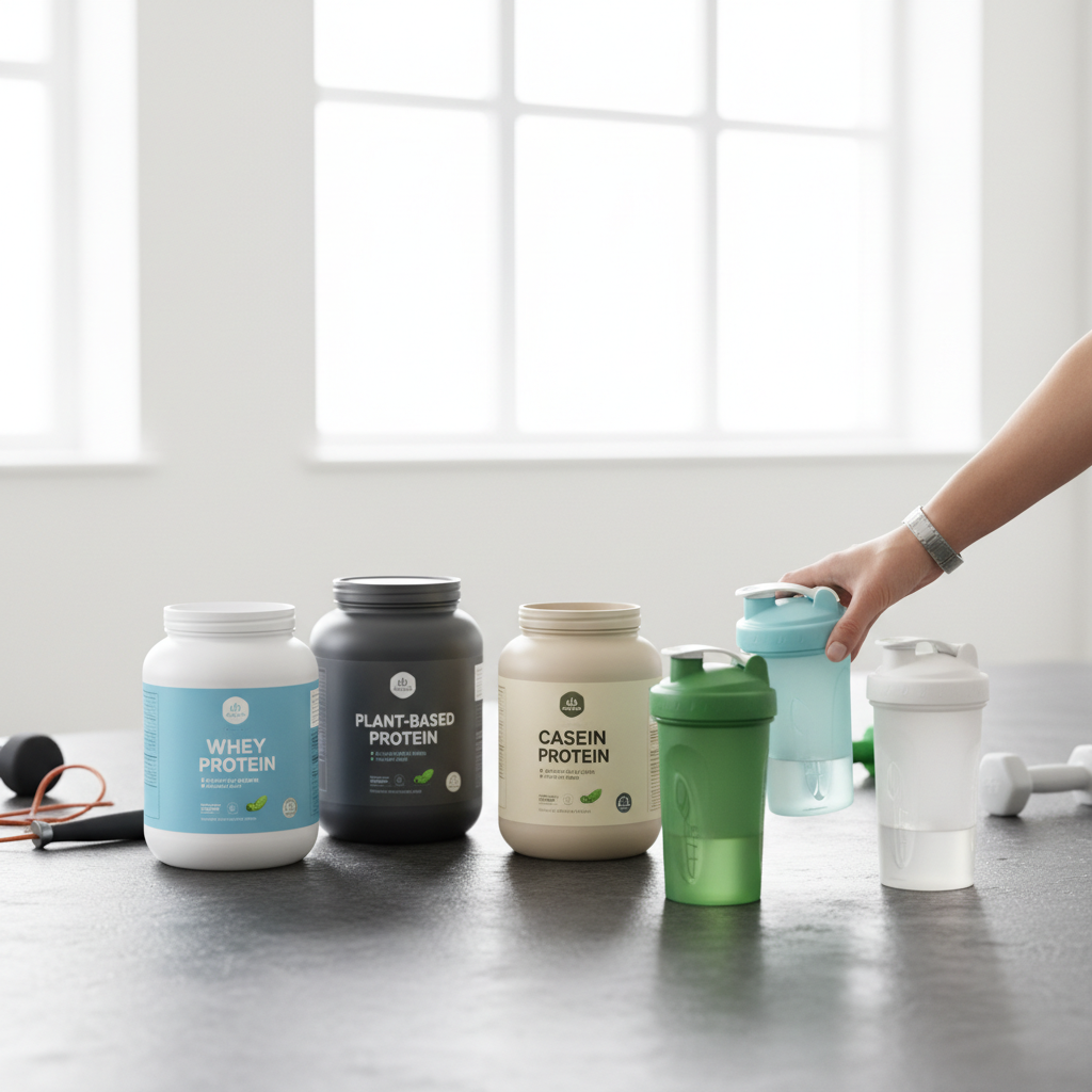 Et udvalg af forskellige proteinpulverbeholdere og shakers på en mørk baggrund, med en hånd der griber ud efter en shaker. Forskellige typer proteinpulver, f.eks. valleprotein og plantebaseret protein, er arrangeret ved siden af hinanden.