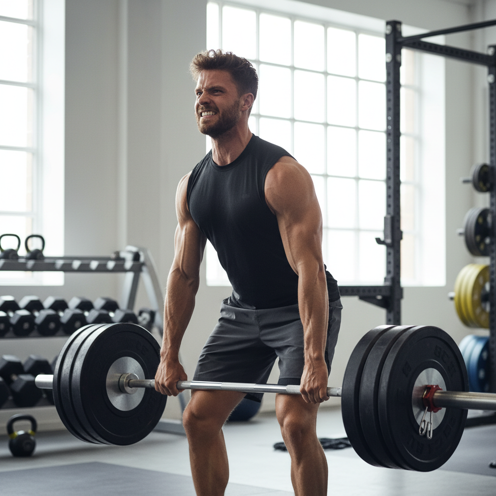 En atlet udfører et tungt dødløft eller squat i et moderne fitnesscenter, med fokus på intensitet og muskelaktivering. Andre vægte og træningsudstyr er synlige i baggrunden.