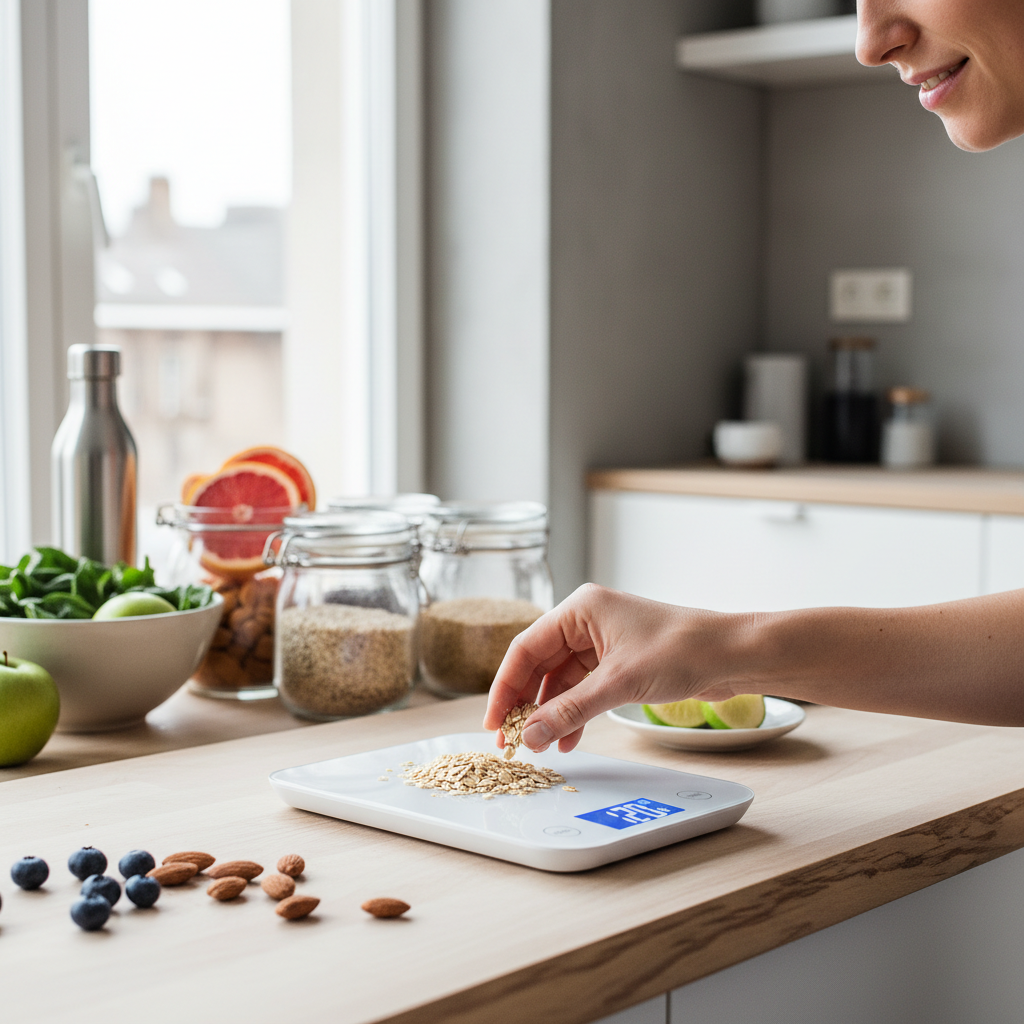 En person vejer omhyggeligt havregryn på en digital køkkenvægt, med andre sunde ingredienser i baggrunden.