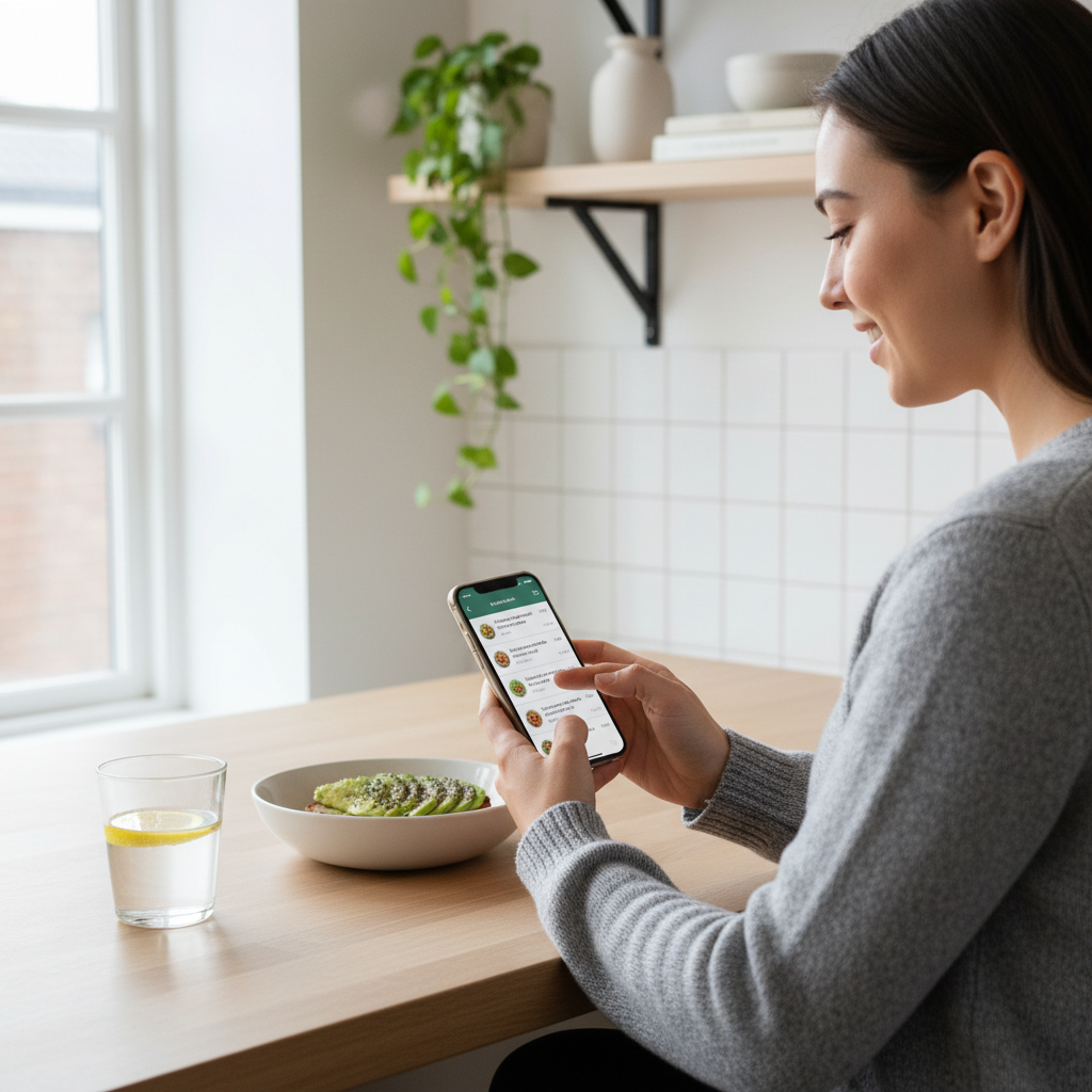 En person bruger en smartphone-app til at logge mad, med et overblik over måltidernes næringsindhold vist på skærmen.