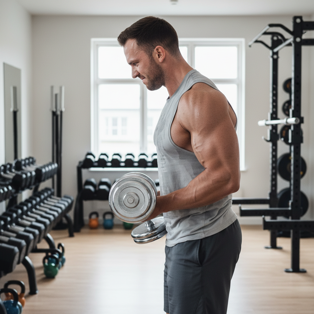 En muskuløs mand løfter tunge håndvægte i et fitnesscenter, fokuseret på sin træning.