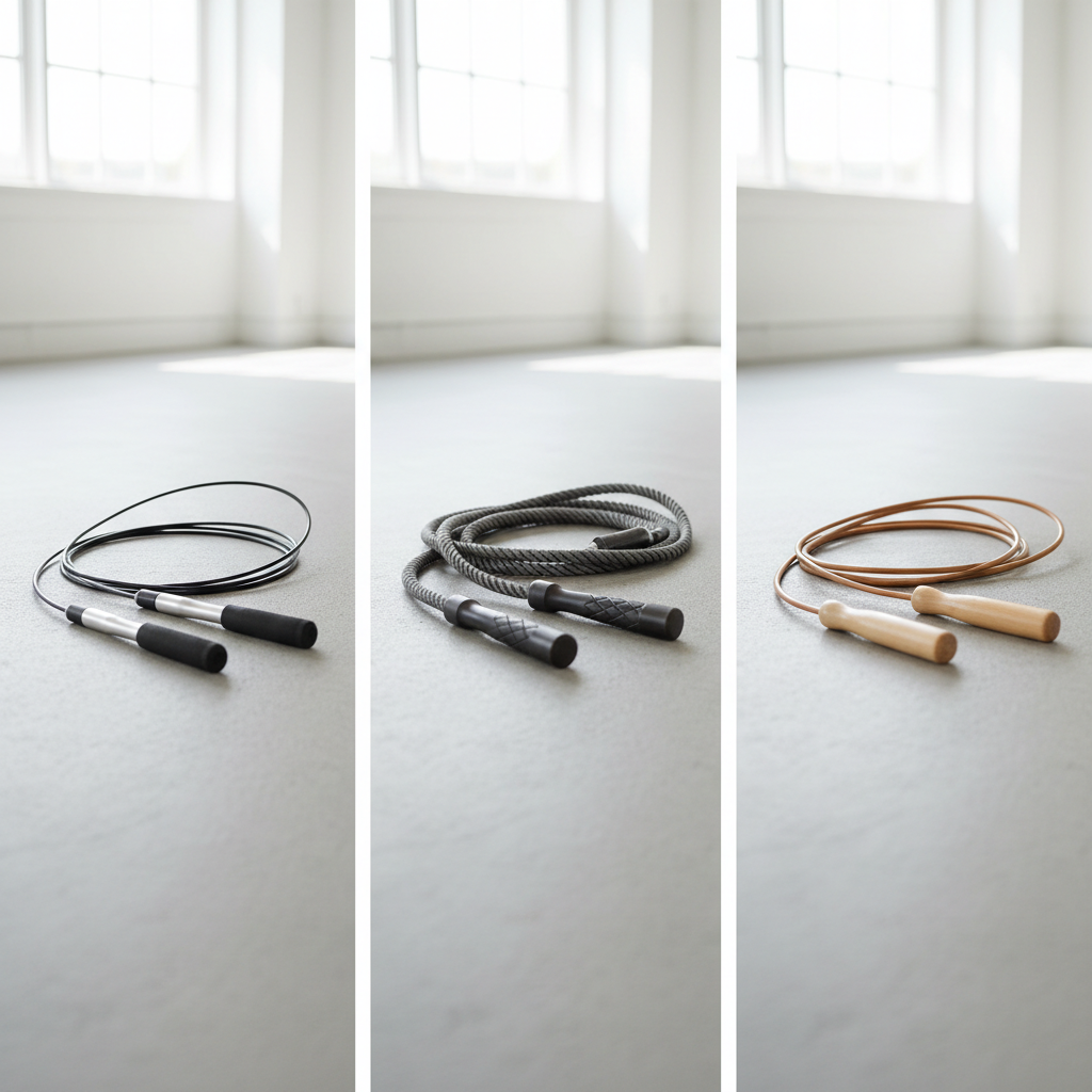 Tre forskellige typer sjippetove liggende ved siden af hinanden: et speed rope, et vægtet sjippetov og et traditionelt sjippetov.