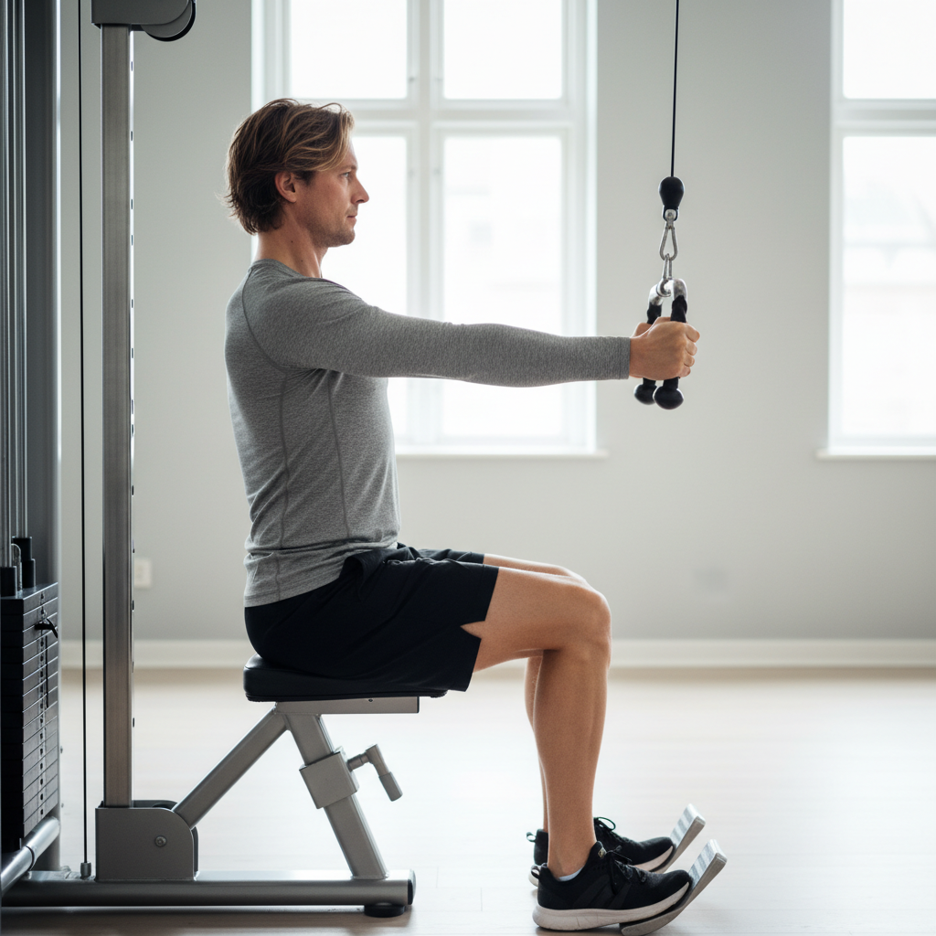 En person udfører seated cable row i startpositionen, strækker sig fremad med en ret ryg.