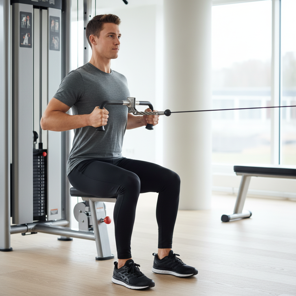 En person trækker kablet ind mod maven i en seated cable row, med skulderbladene klemt sammen.
