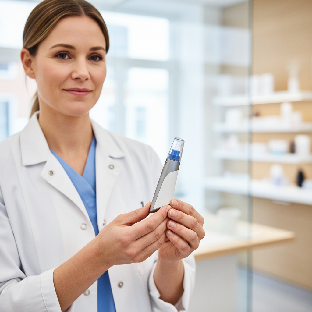 Nahbillede af en læge eller farmaceut, der holder en injektionspen til GLP-1-behandling, såsom Ozempic eller Wegovy, mod en sløret medicinsk baggrund.