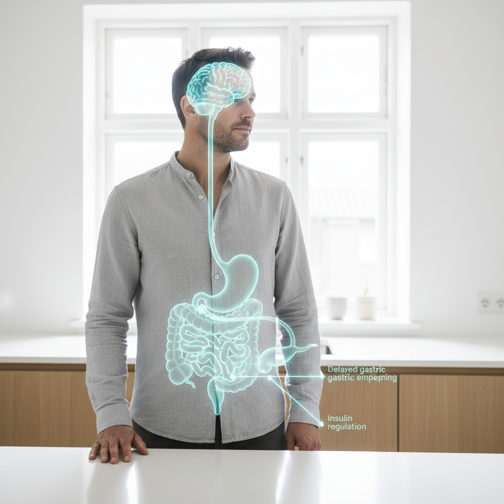 Konceptuel illustration, der viser semaglutids virkemåde i kroppen: en stiliseret fremstilling af fordøjelsessystemet og hjernen med lysende stier, der symboliserer regulering af appetit, blodsukkerniveauer og mavefunktionen.