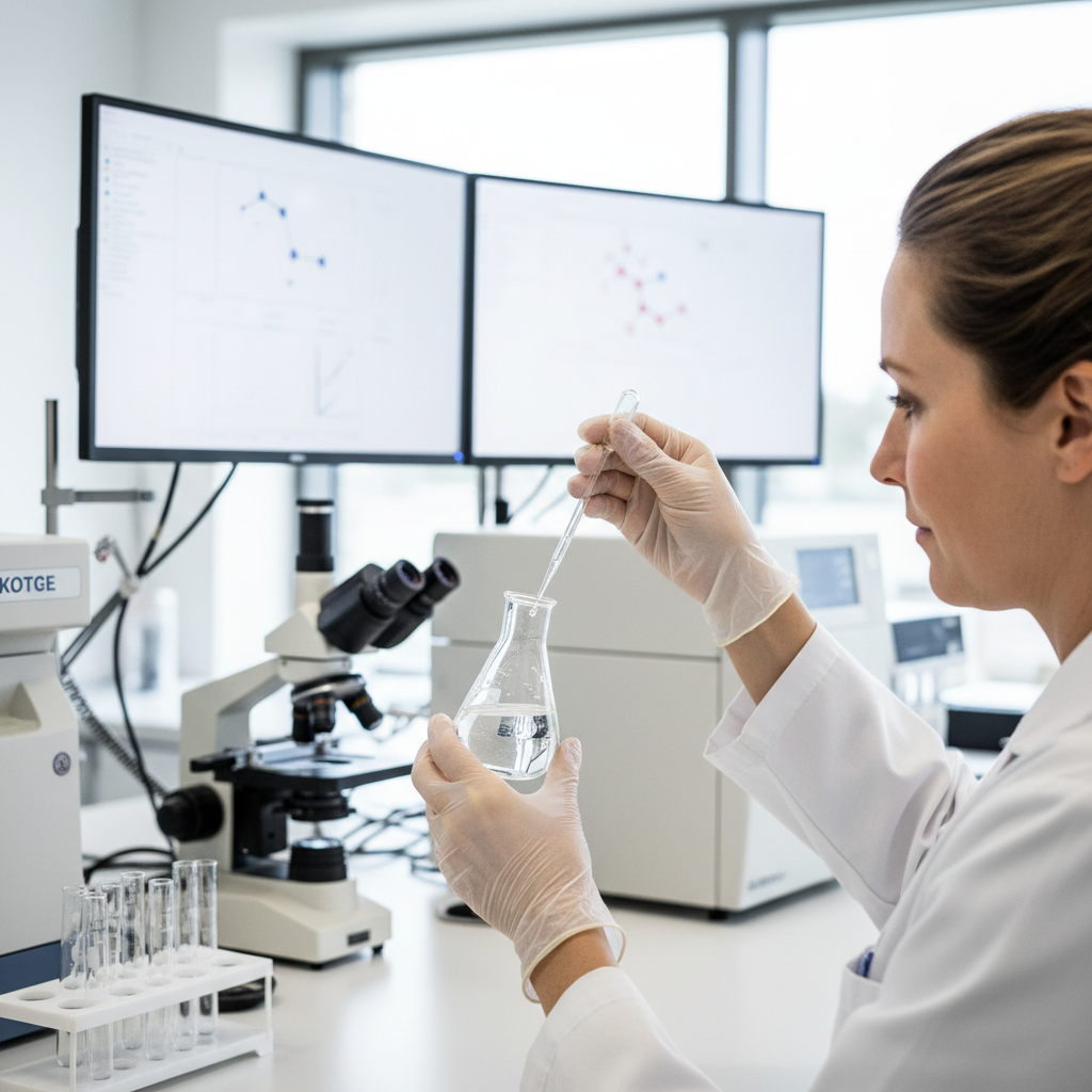Hænder iført latexhandsker håndterer reagensglas i et sterilt laboratorium, med fokus på kemisk analyse.