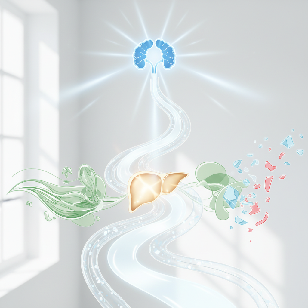 Illustration af hypofysen, der frigiver væksthormon, som strømmer gennem kroppen og påvirker muskler og lever.
