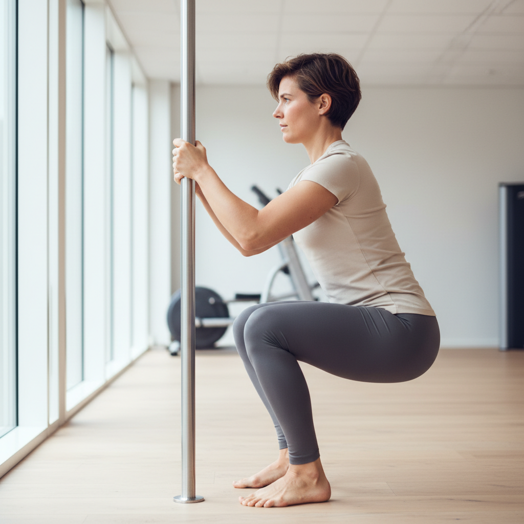 En person udfører en sissy squat, hvor overkroppen læner bagud, knæene bøjer fremad og hælene løftes, mens vedkommende holder fast i en stang for balance.