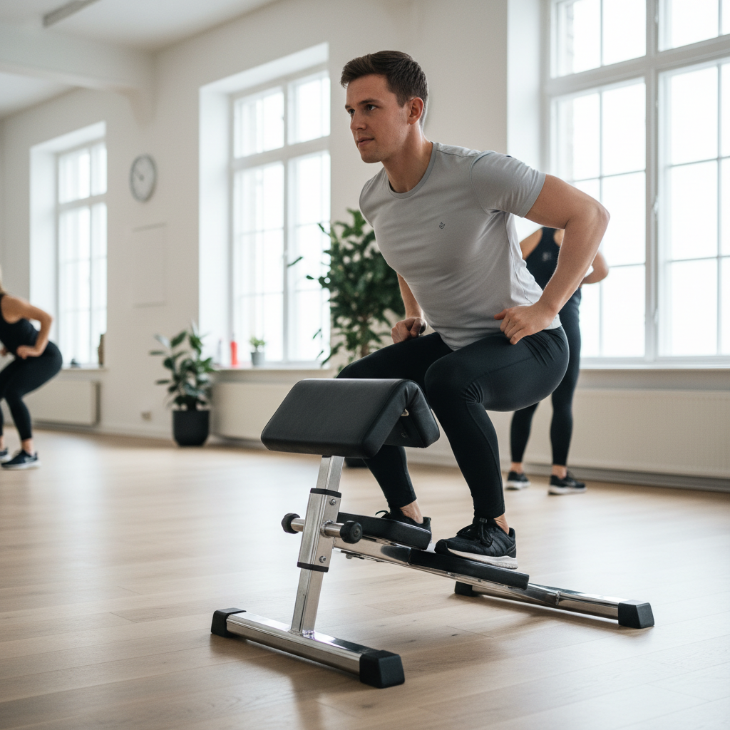 En person udfører sissy squat på en specialdesignet sissy squat-bænk, som giver støtte til fødder og lægge, mens knæene føres fremad.