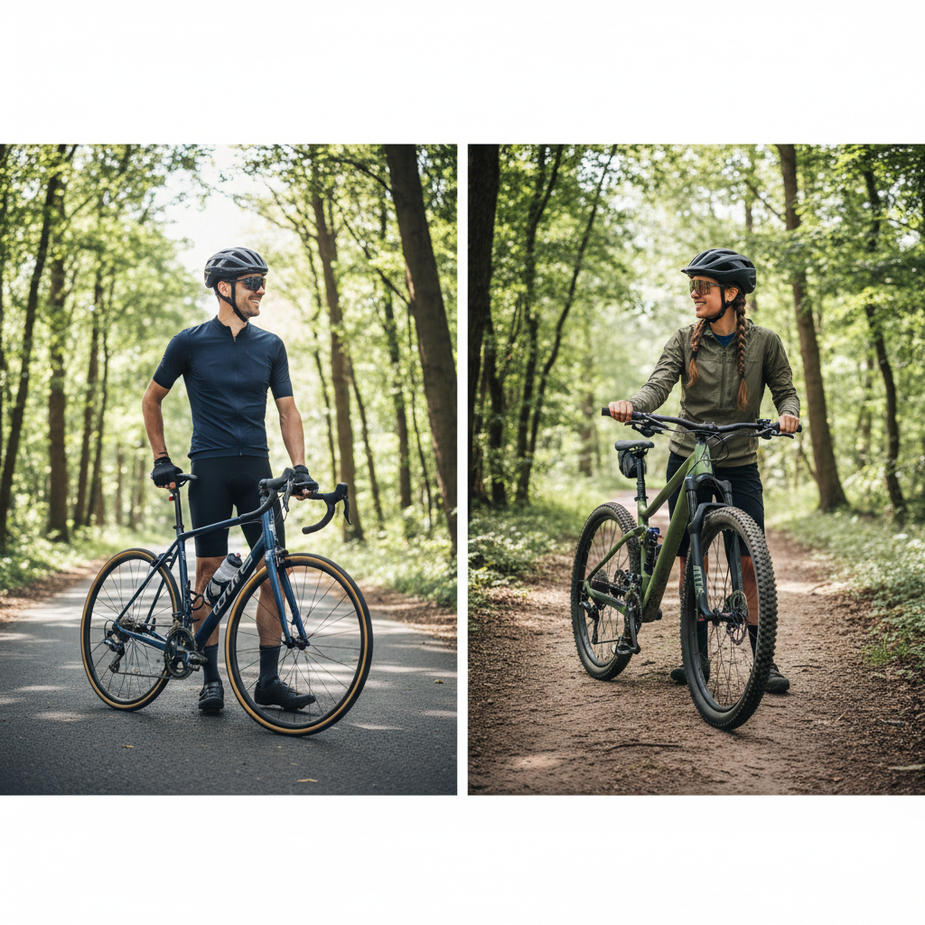 To forskellige cykeltyper, en racercykel på asfalt og en mountainbike på en skovsti, vist side om side.