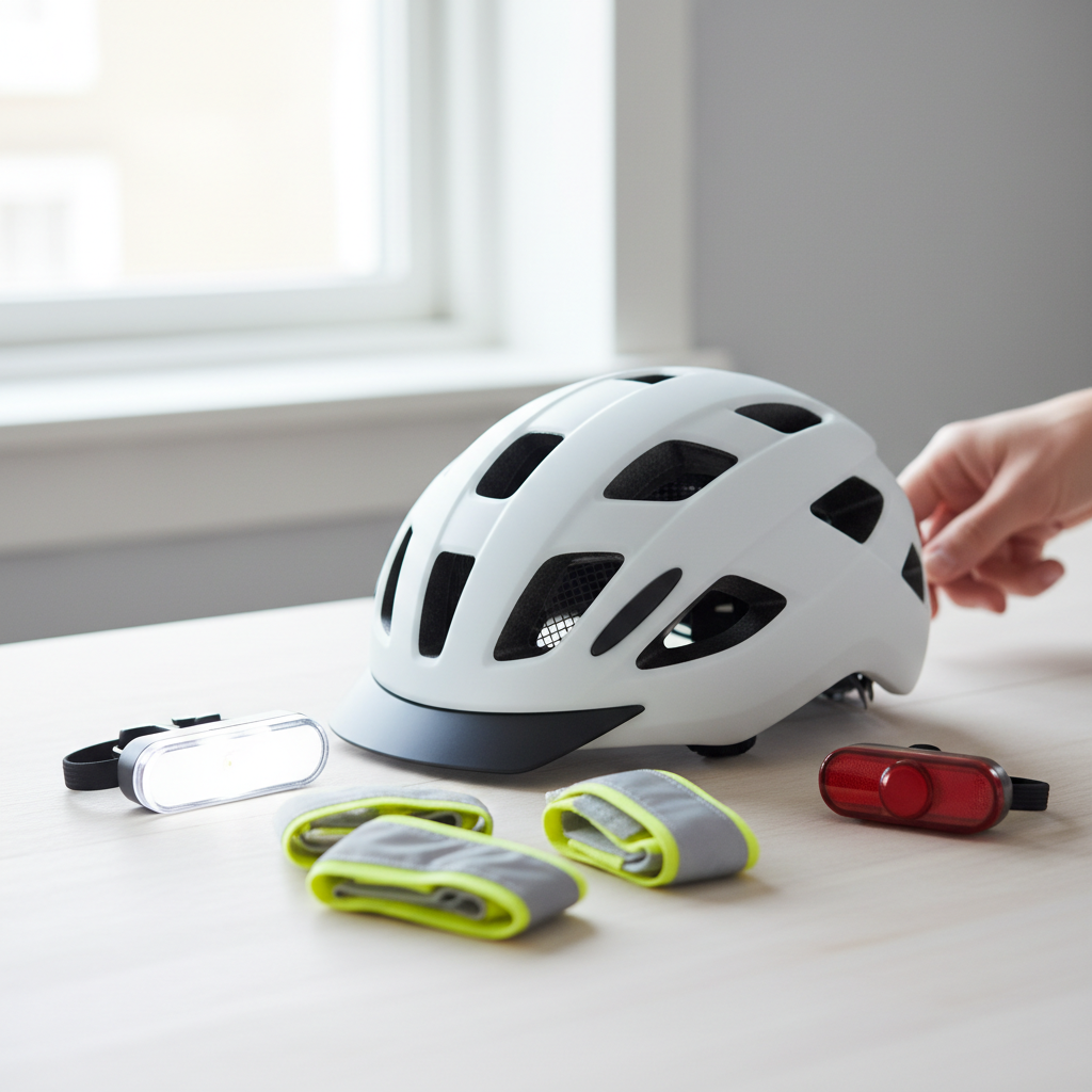 Nærbillede af en cykelhjelm, for- og baglygter samt reflekser, alt sammen vigtigt sikkerhedsudstyr til cykling.