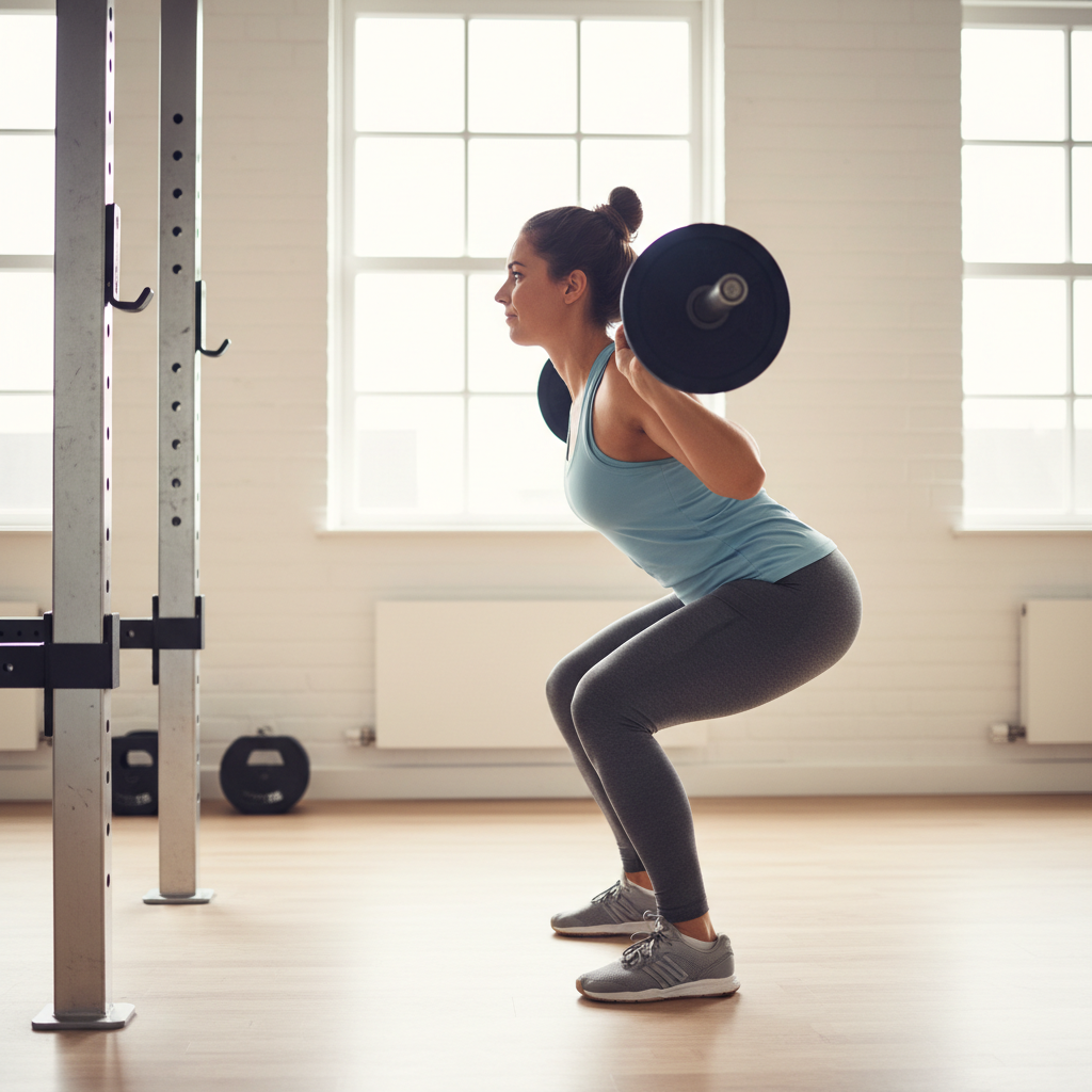En person der udfører et dybt barbell squat, hvor hofterne er under knæene.