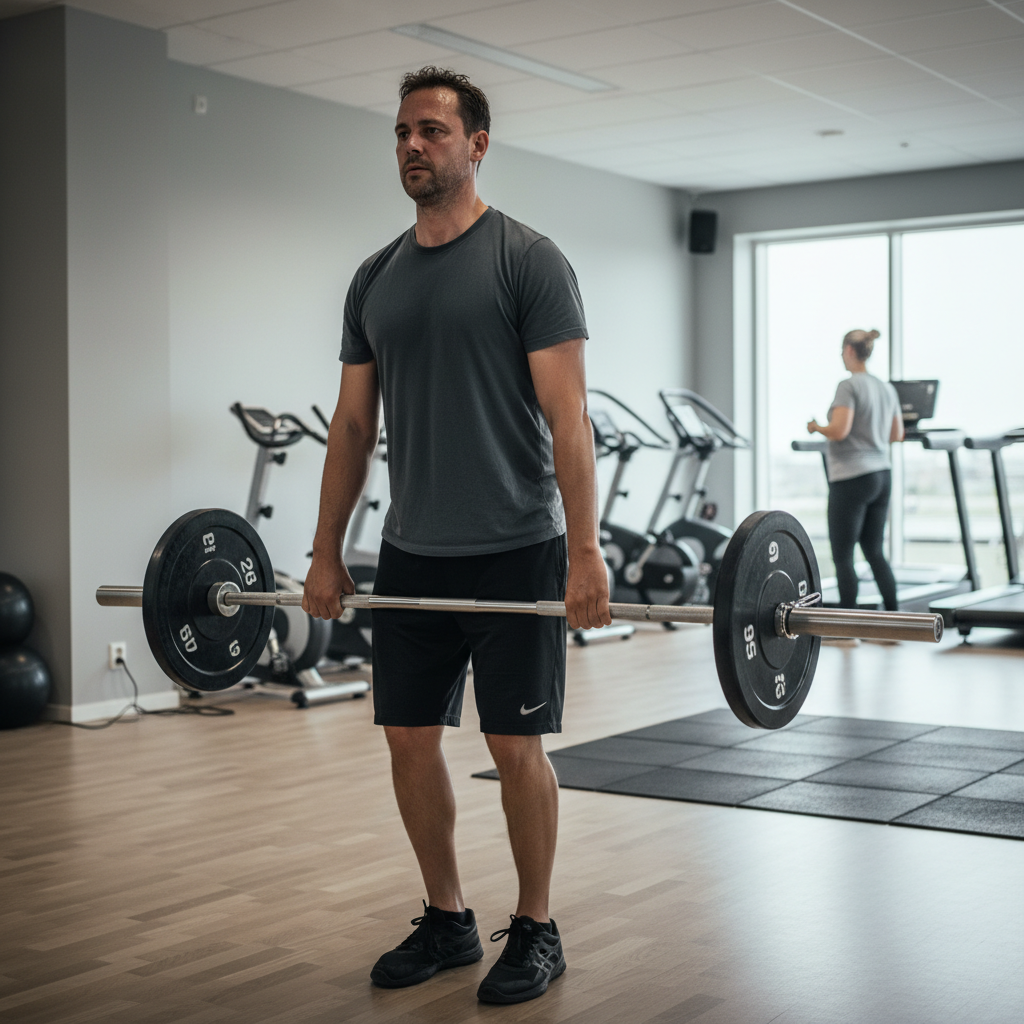 Udmattet mand med dårlig kropsholdning træner i fitnesscenter, et symbol på hvordan stress og søvnmangel påvirker fysisk præstation.