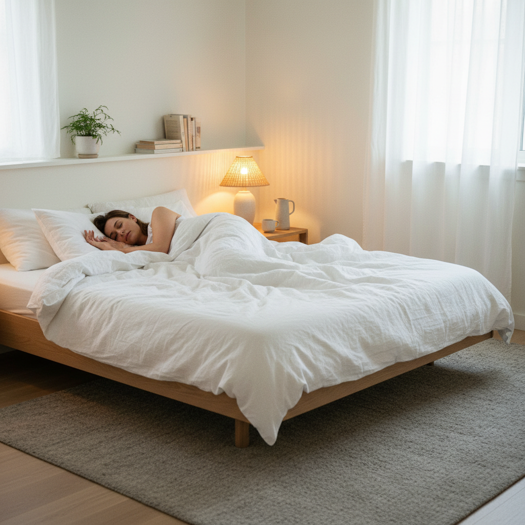 Fredfyldt soveværelse med en person, der sover dybt, understreger vigtigheden af kvalitetssøvn for muskelvækst og restitution.