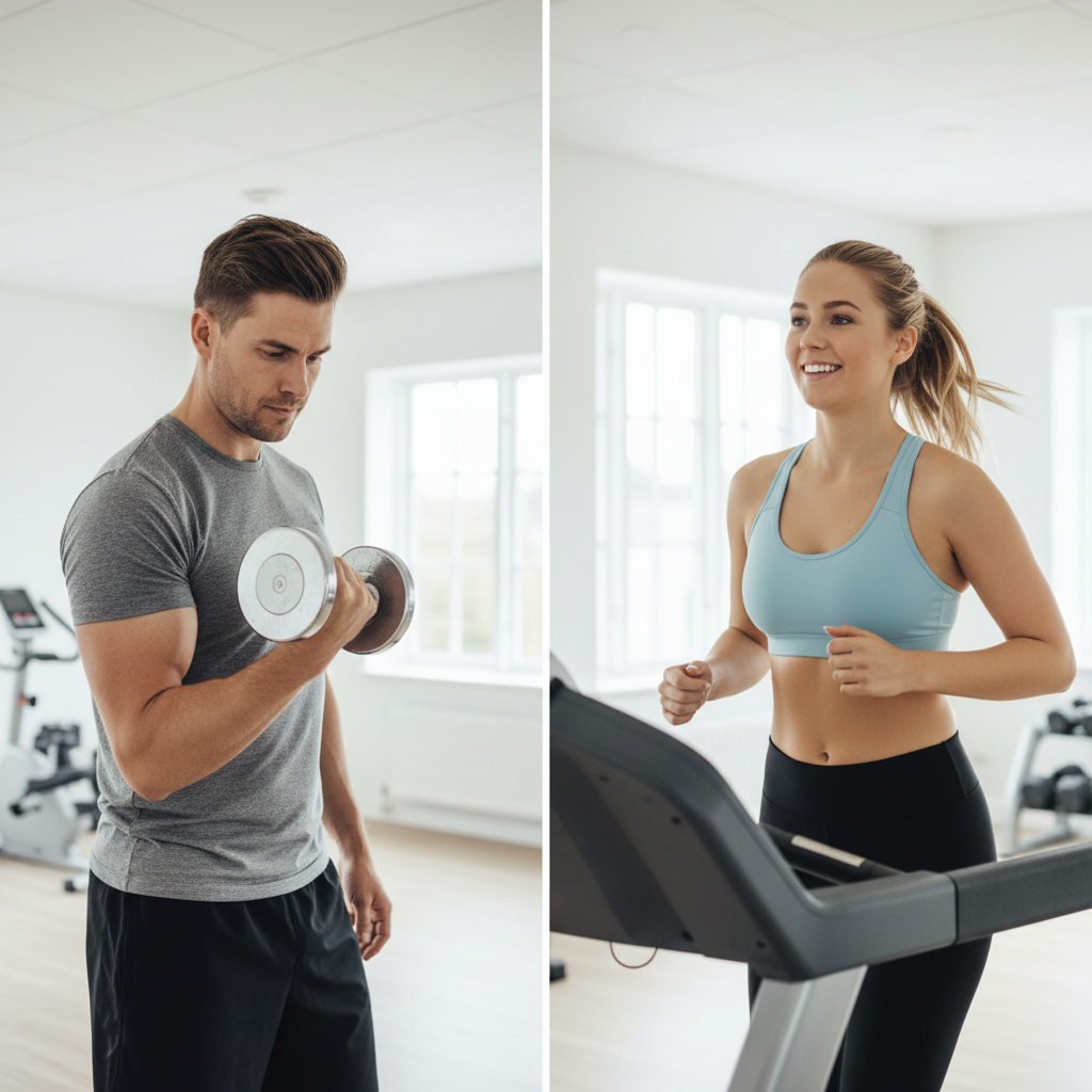 Billede der sammenligner styrketræning og cardio. En mand løfter håndvægte, en kvinde løber på løbebånd.