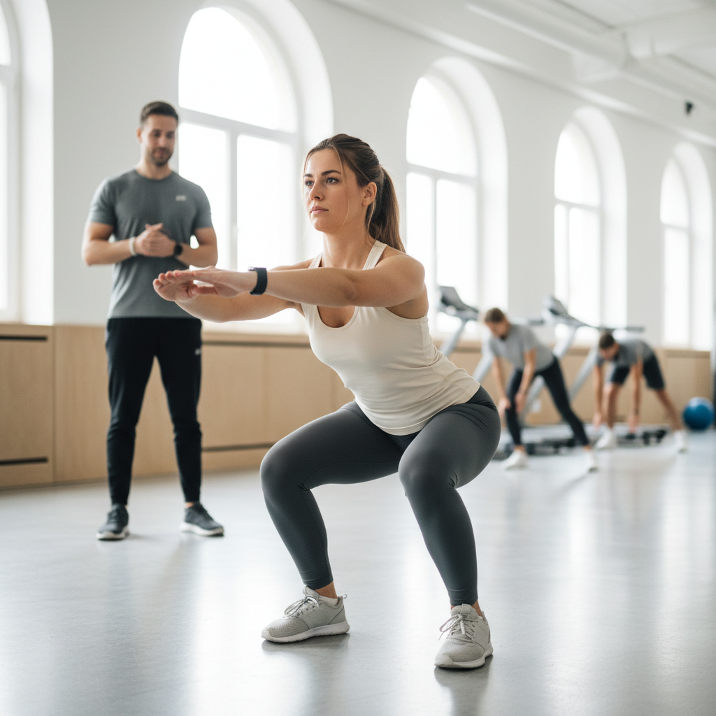 En kvinde udfører en squat med egen kropsvægt i et fitnesscenter, fokuseret på korrekt teknik.