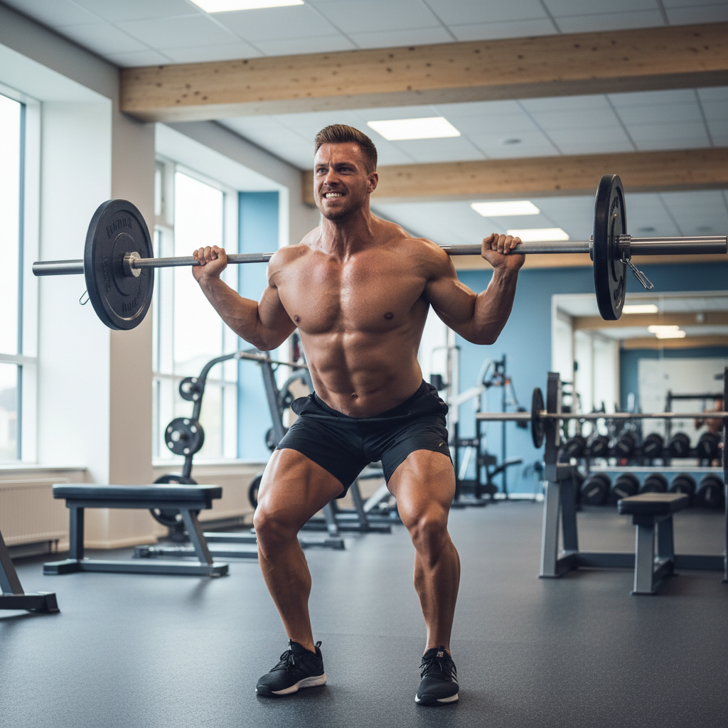 En muskuløs mand udfører en tung squat med vægtstang i et moderne fitnesscenter.