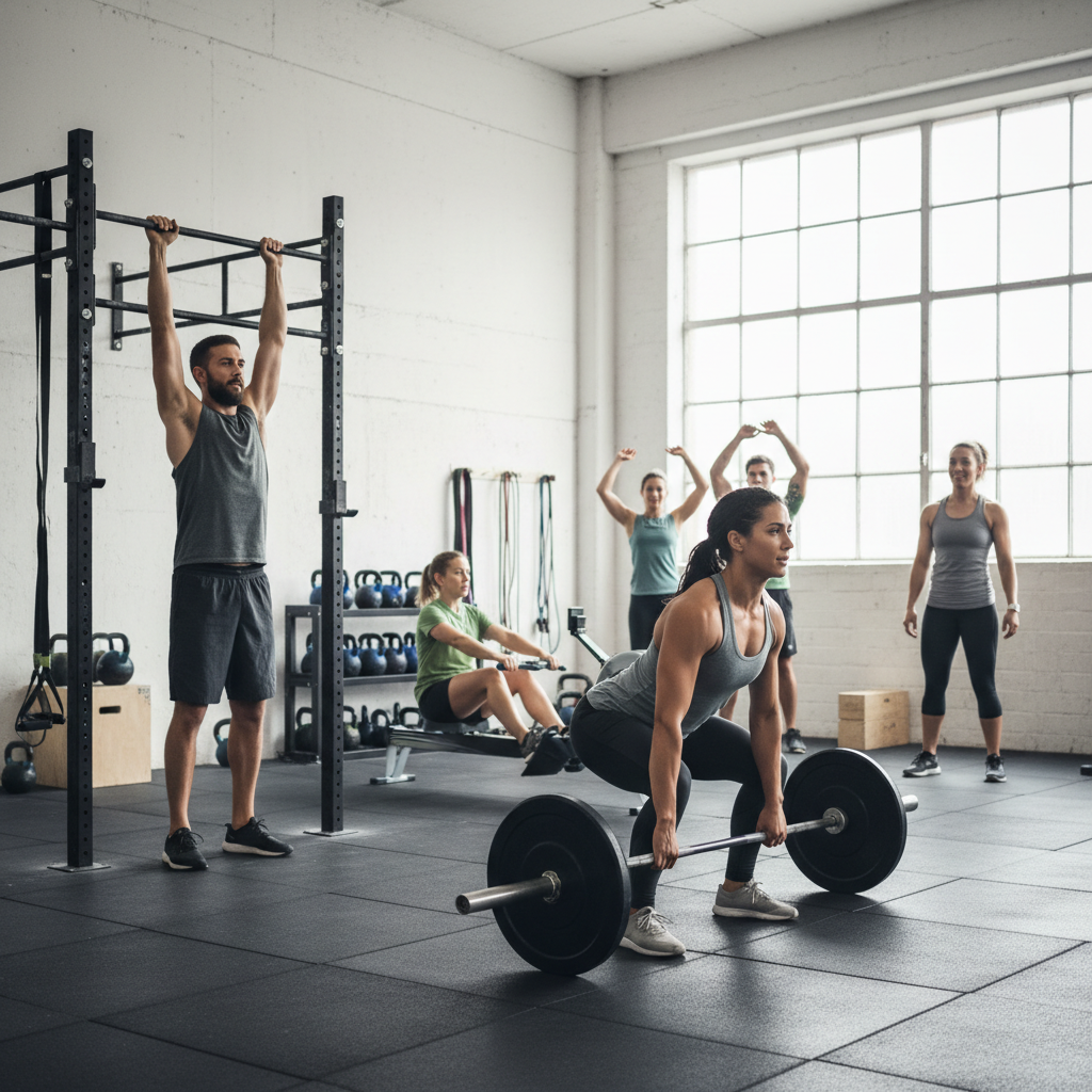 En gruppe atleter udfører forskellige øvelser som clean and jerk, pull-ups og roning i et CrossFit-center.