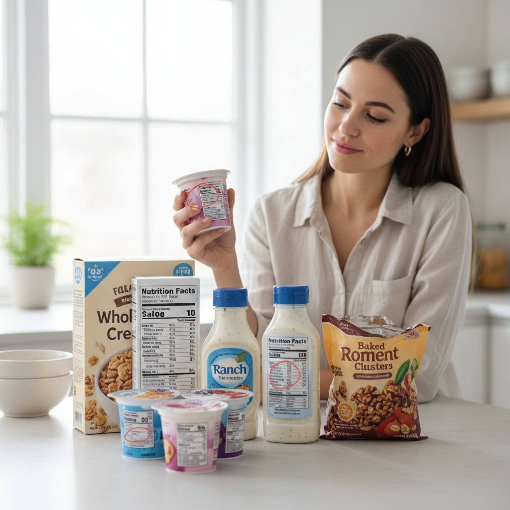 Et udvalg af fødevarer som morgenmadsprodukter, yoghurt og dressinger på en hylde, der illustrerer skjult sukker i hverdagsvarer.