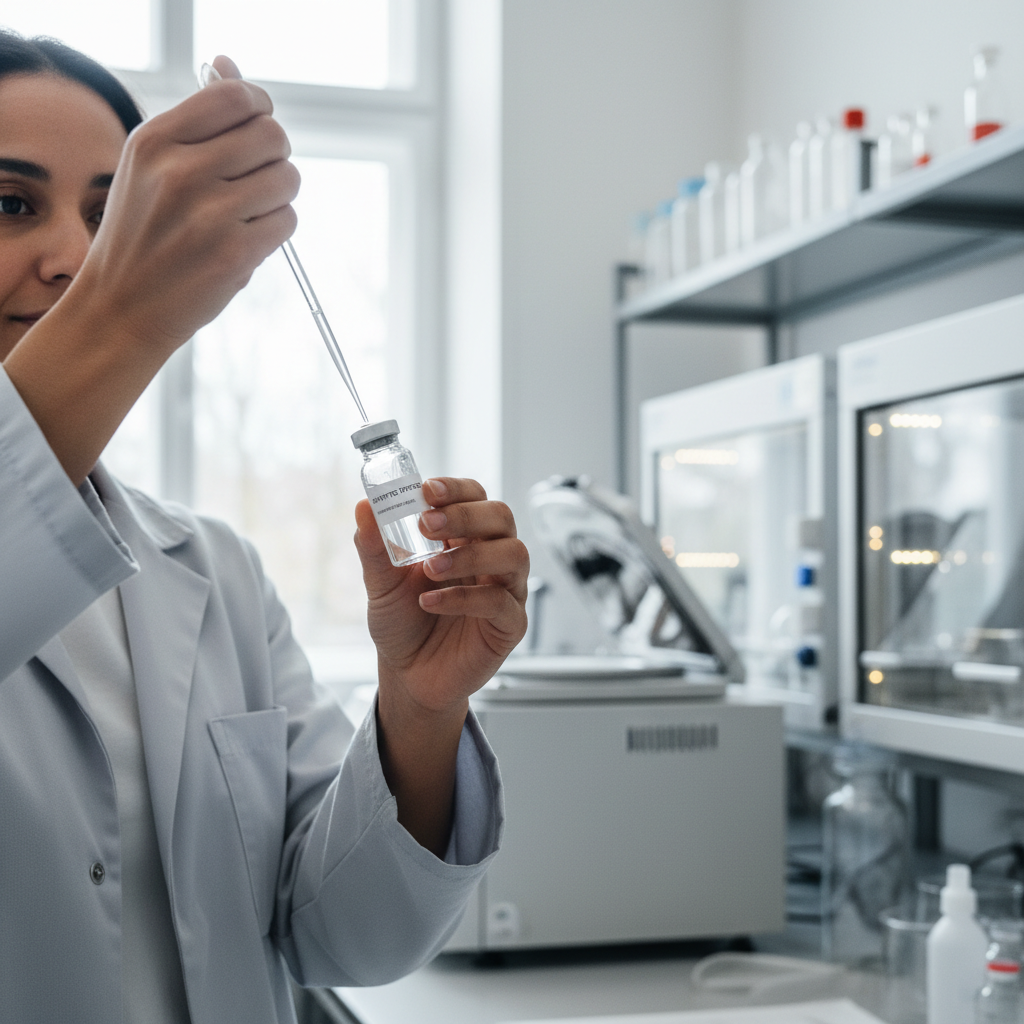 En forsker pipetterer forsigtigt en klar væske ned i et lille glasflakon i et sterilt laboratorium.