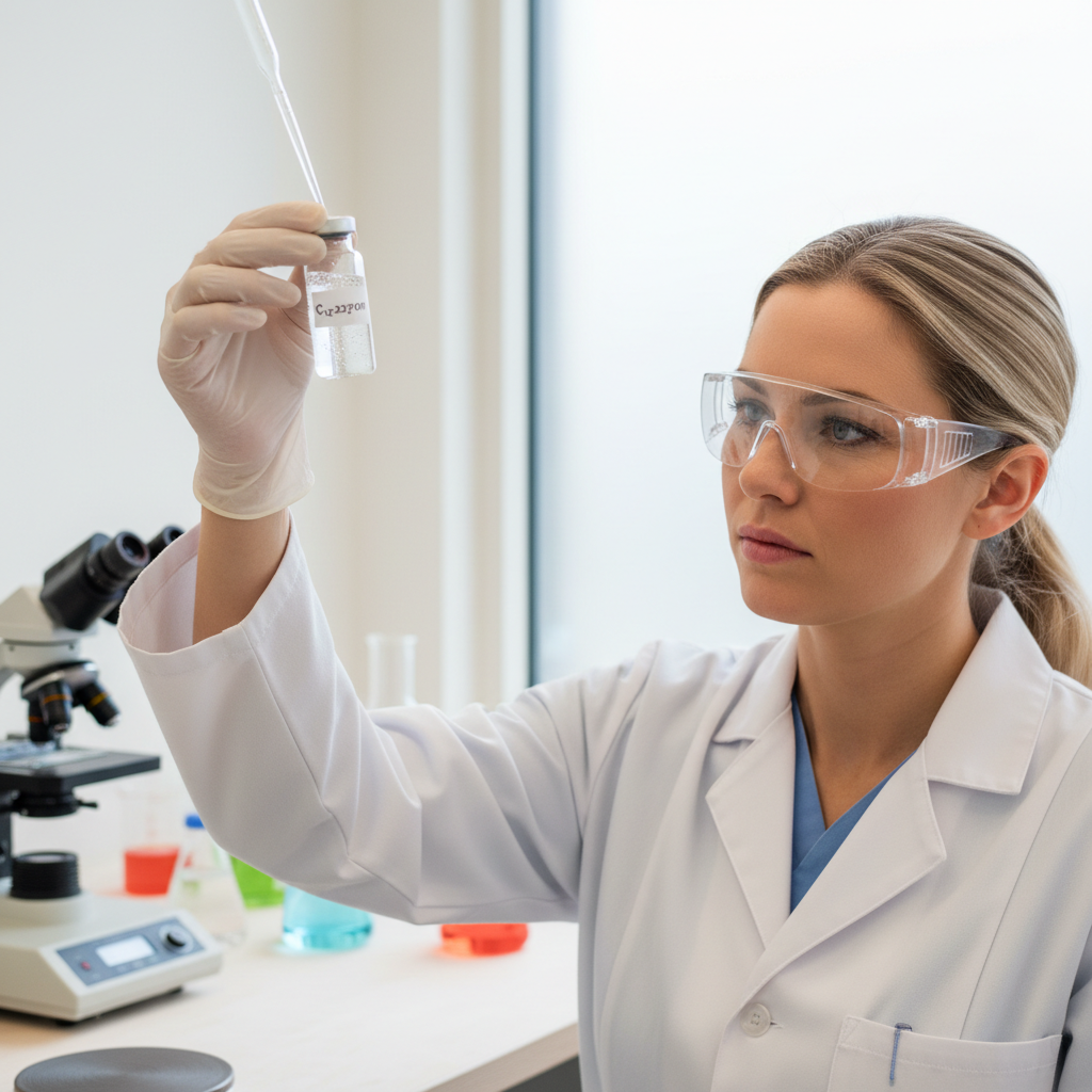 Nærbillede af en videnskabsmand i laboratoriet, der omhyggeligt håndterer et prøveglas med en pipette, med sløret baggrund af avanceret laboratorieudstyr.