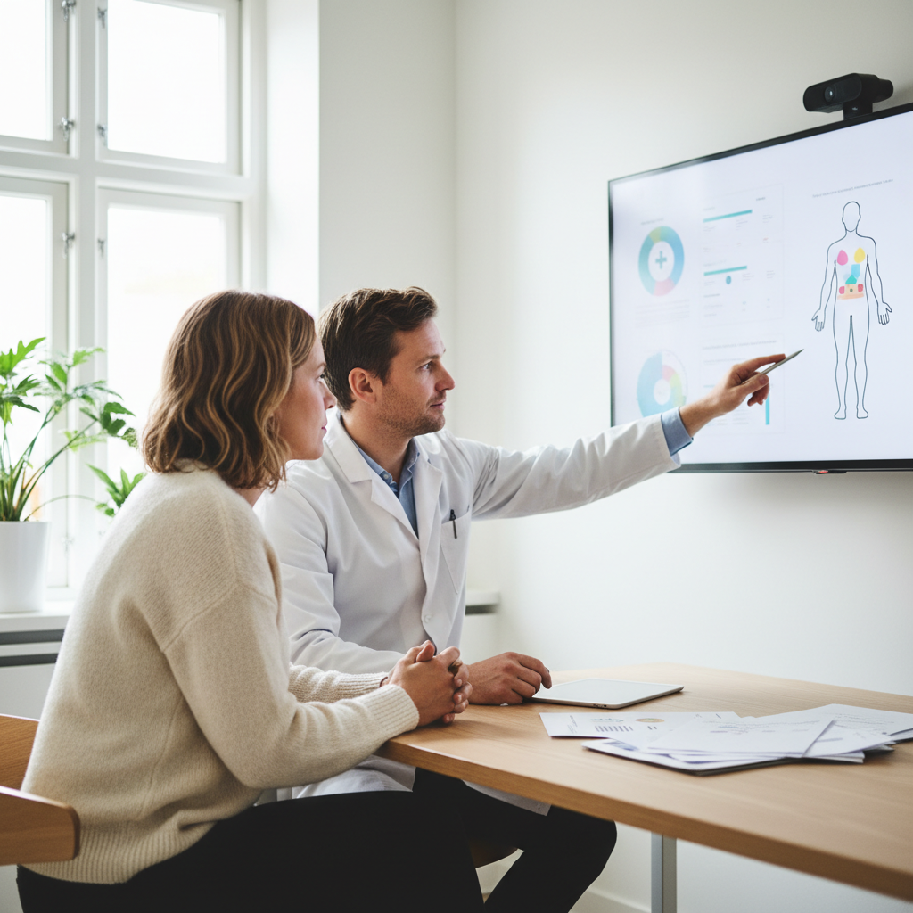 En patient sidder over for en læge i en lægekonsultation, hvor de diskuterer medicinske rapporter og behandlingsplaner, med fokus på professionel rådgivning.