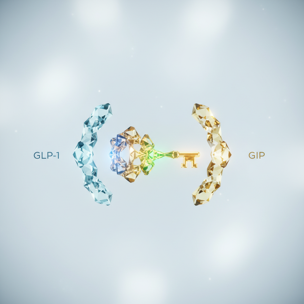 Medicinsk illustration der viser hvordan tirzepatidmolekyler aktiverer både GLP-1 og GIP receptorer, symboliseret ved en nøgle der passer i to forskellige låse.