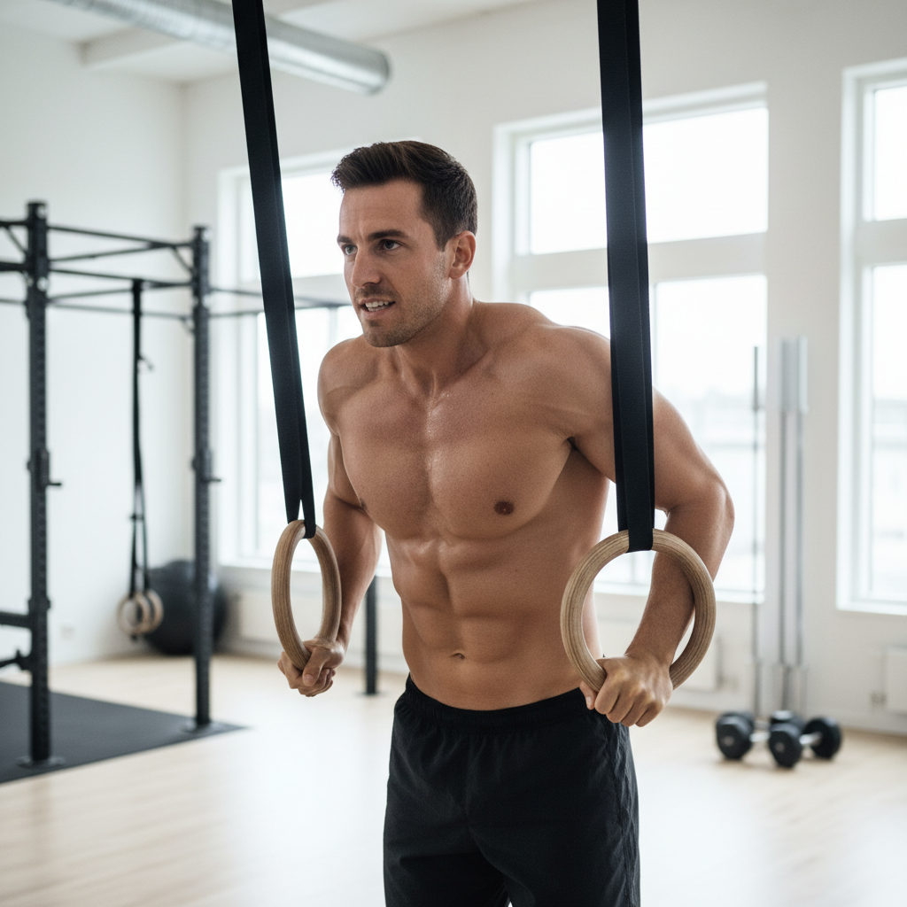 Mandlig atlet udfører ring dips med fuld kontrol, demonstrerende styrke og kropsbeherskelse.