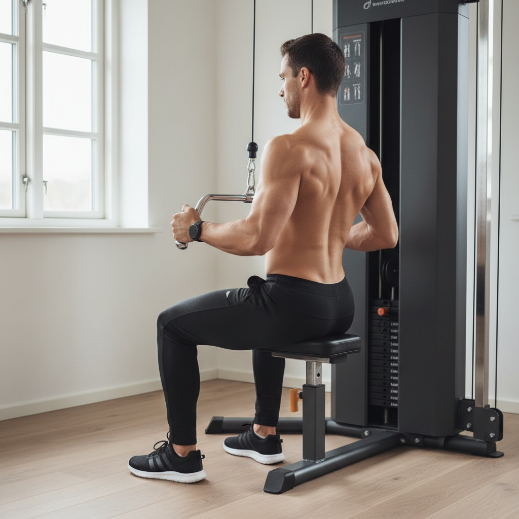 En person udfører seated cable rows med et V-formet håndtag, der fokuserer på de midterste rygmuskler.