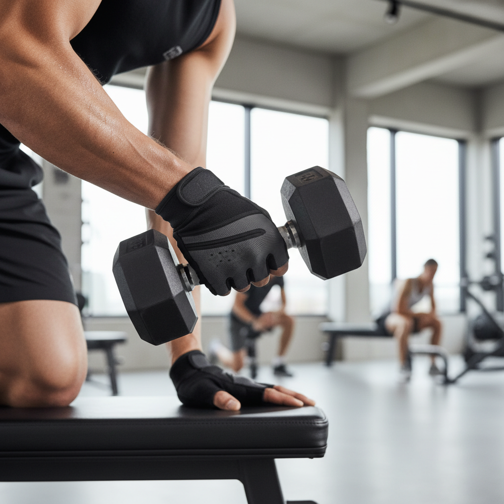Close-up af en person, der udfører dumbbell rows iført træningshandsker, med fokus på handskernes beskyttelse af håndfladen.